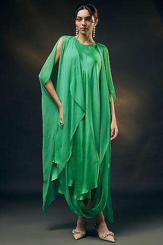 Mint Green Bamberg Satin & Chiffon Cape Dress by Wendell Rodricks