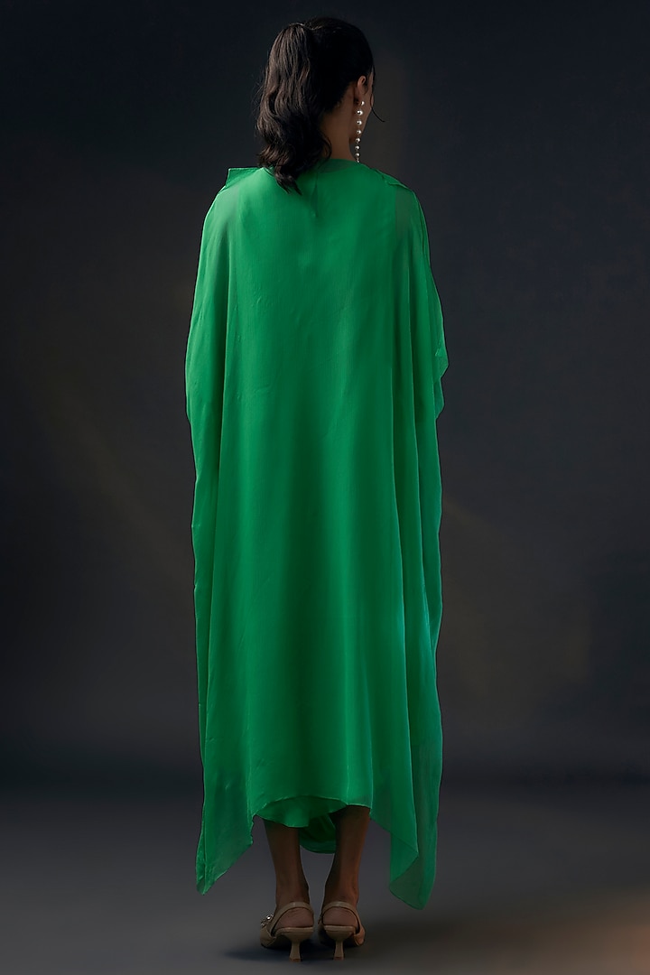 Mint Green Bamberg Satin & Chiffon Cape Vacation Dress by Wendell Rodricks at Pernia's Pop Up Shop