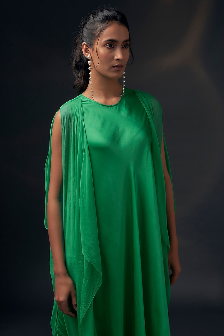 Mint Green Bamberg Satin & Chiffon Cape Vacation Dress by Wendell Rodricks at Pernia's Pop Up Shop
