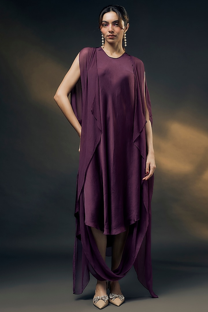 Purple Bamberg Satin & Chiffon Cape Dress by Wendell Rodricks at Pernia's Pop Up Shop