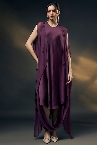 Purple Bamberg Satin & Chiffon Cape Dress by Wendell Rodricks