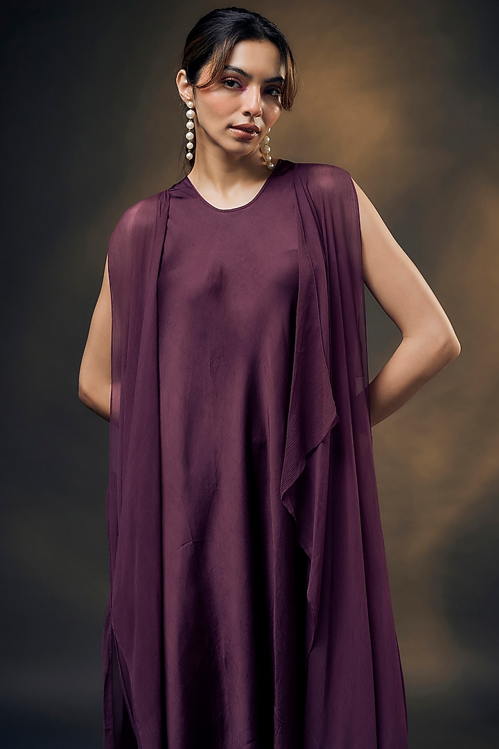 Purple Bamberg Satin & Chiffon Cape Vacation Dress by Wendell Rodricks at Pernia's Pop Up Shop