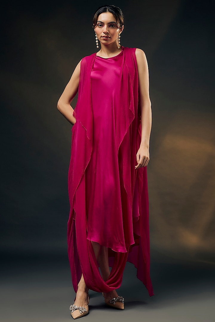 Pink Bamberg Satin & Chiffon Cape Dress by Wendell Rodricks at Pernia's Pop Up Shop