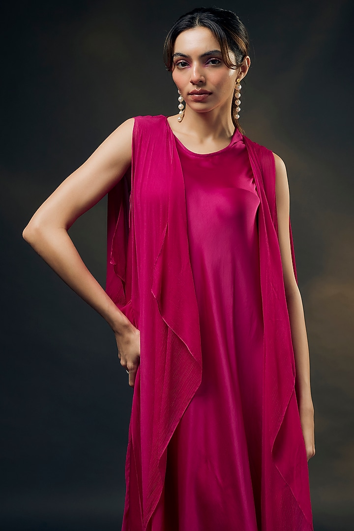 Pink Bamberg Satin & Chiffon Cape Vacation Dress by Wendell Rodricks at Pernia's Pop Up Shop