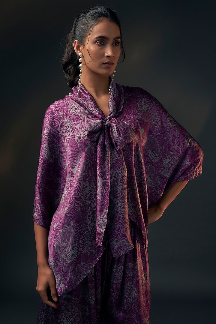 Aubergine Bamberg Satin Printed Co-Ord Set by Wendell Rodricks at Pernia's Pop Up Shop
