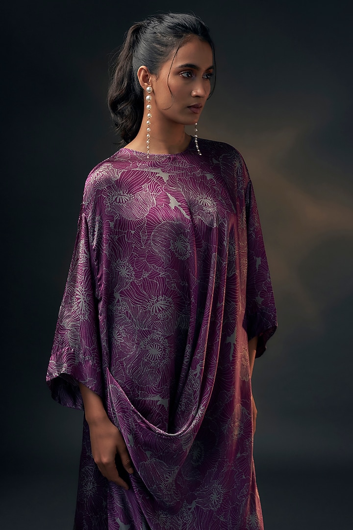 Aubergine Bamberg Satin Printed Co-Ord Set by Wendell Rodricks at Pernia's Pop Up Shop