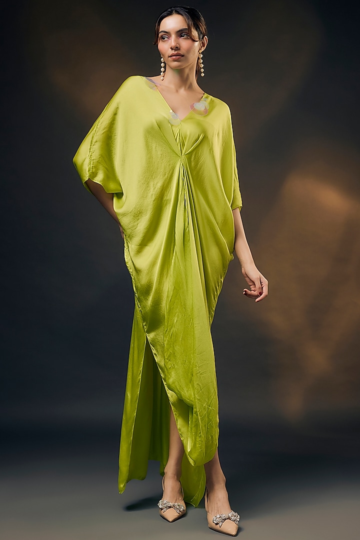 Lime Green Bamberg Satin Kaftan by Wendell Rodricks at Pernia's Pop Up Shop