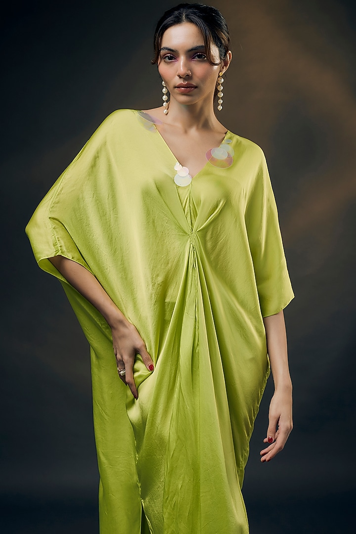 Lime Green Bamberg Satin Kaftan by Wendell Rodricks at Pernia's Pop Up Shop