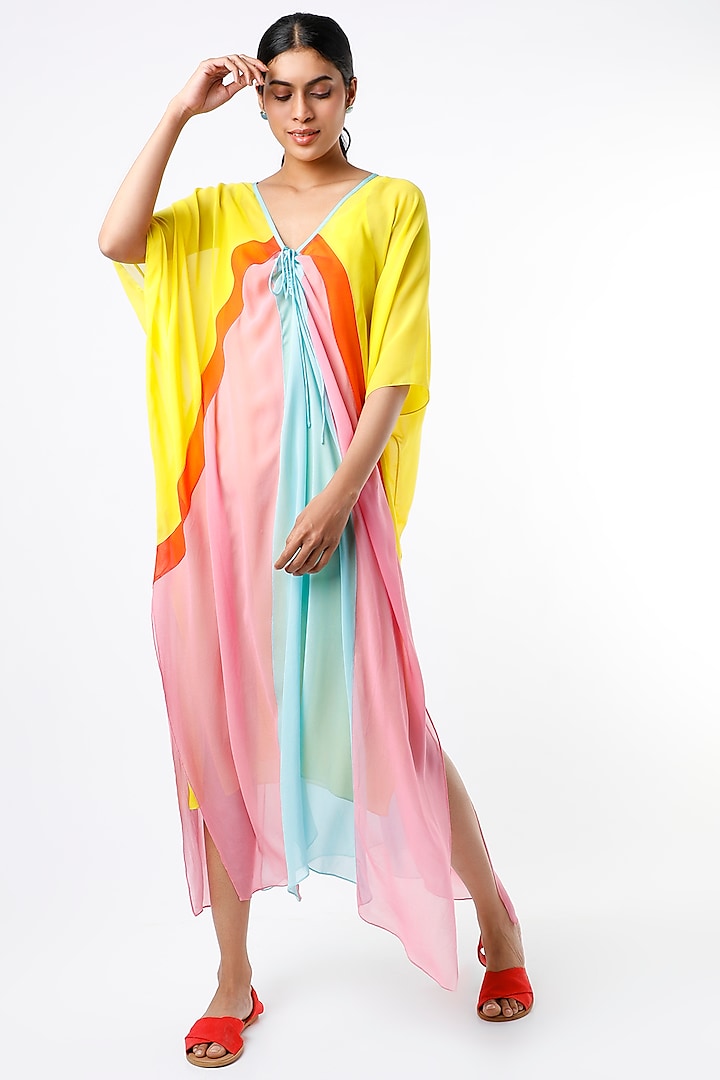 Lime Yellow Color Blocked Ruched Kaftan by Wendell Rodricks