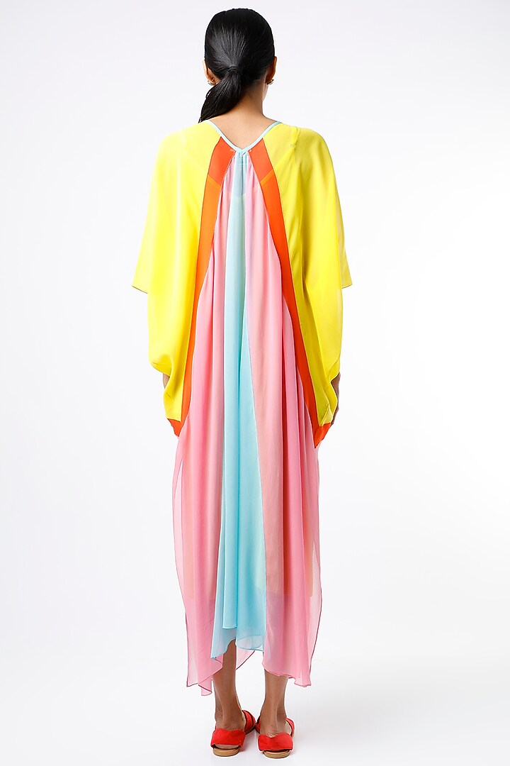 Lime Yellow Color Blocked Ruched Kaftan by Wendell Rodricks at Pernia's Pop Up Shop