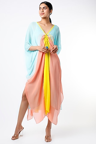 Powder Blue Color Blocked Ruched Kaftan by Wendell Rodricks