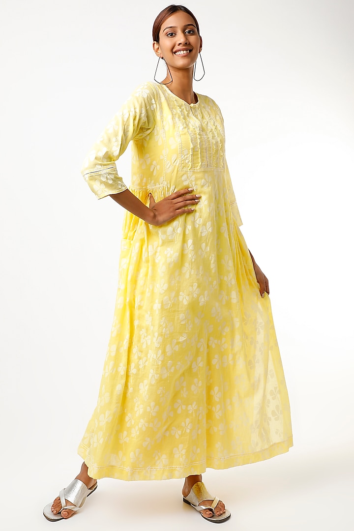 Light Yellow Tonal Printed Dress by Wendell Rodricks