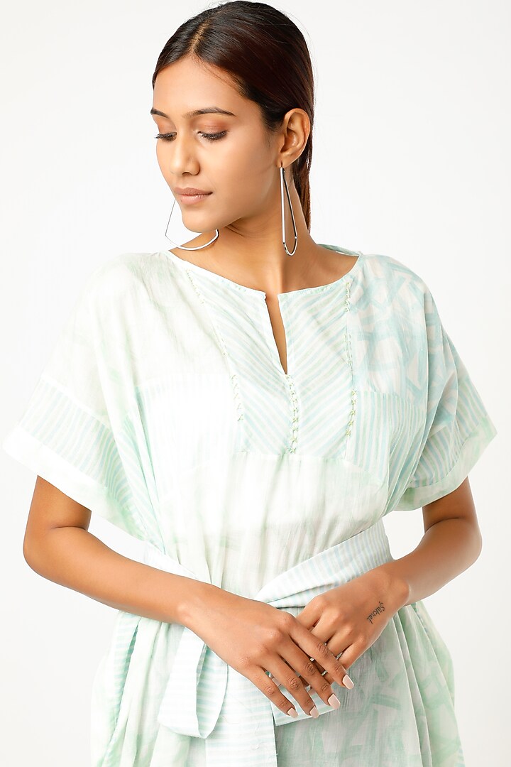 Aqua Geometric Patchwork Printed Kaftan by Wendell Rodricks at Pernia's Pop Up Shop