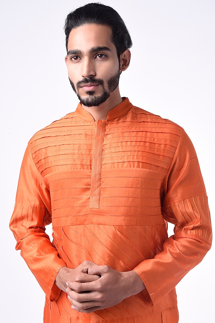 Orange Chanderi Silk Kurta by Wendell Rodricks Men at Pernia's Pop Up Shop