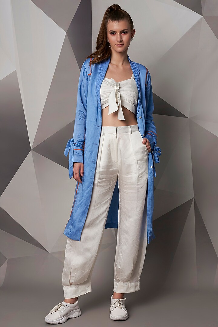 Sky Blue Satin Linen Cape by Wendell Rodricks at Pernia's Pop Up Shop