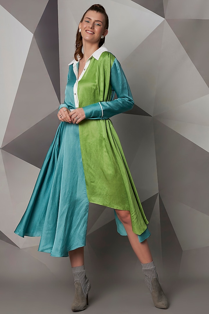 Green & Turquoise Hi-Low Dress by Wendell Rodricks
