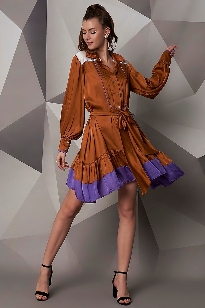 Rust Modal Satin Dress by Wendell Rodricks