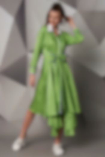 Green Hi-Low Dress With Waist Tie-up by Wendell Rodricks