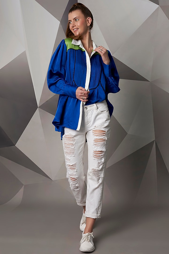 Royal Blue Top With White Collar by Wendell Rodricks at Pernia's Pop Up Shop