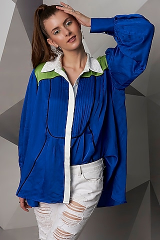 Royal Blue Top With White Collar by Wendell Rodricks