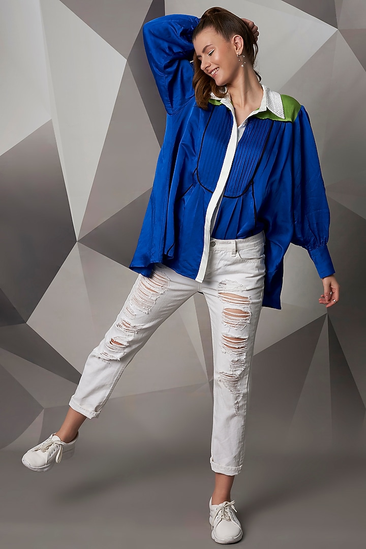 Royal Blue Top With White Collar by Wendell Rodricks at Pernia's Pop Up Shop
