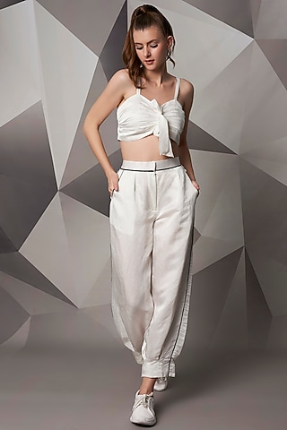White Satin Linen Jogger Pants by Wendell Rodricks