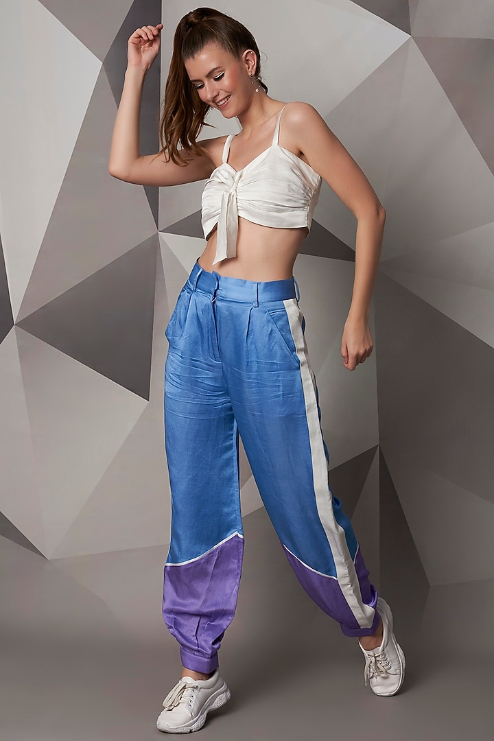 Sky Blue Satin Linen Jogger Pants by Wendell Rodricks at Pernia's Pop Up Shop