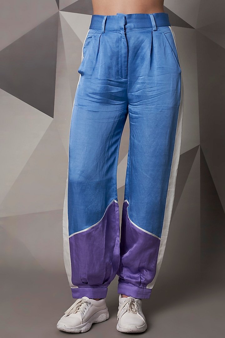 Sky Blue Satin Linen Jogger Pants by Wendell Rodricks