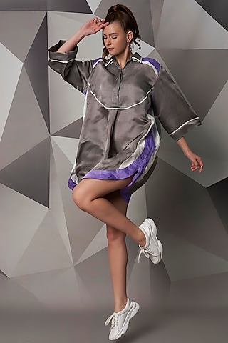 Grey Satin Linen Dress by Wendell Rodricks