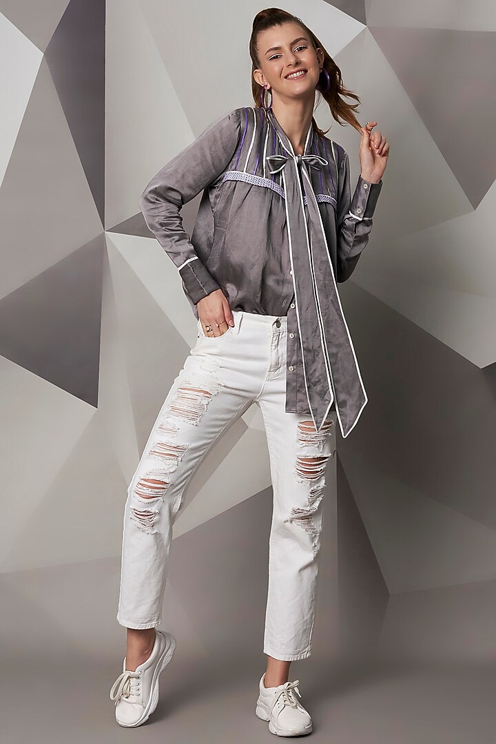 Grey Satin Linen Tie-up Top by Wendell Rodricks at Pernia's Pop Up Shop