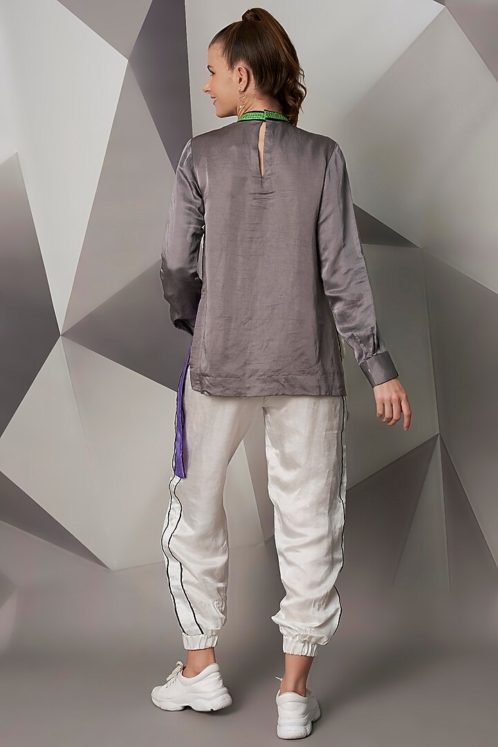 Grey & White Satin Linen Co-Ord Set by Wendell Rodricks at Pernia's Pop Up Shop