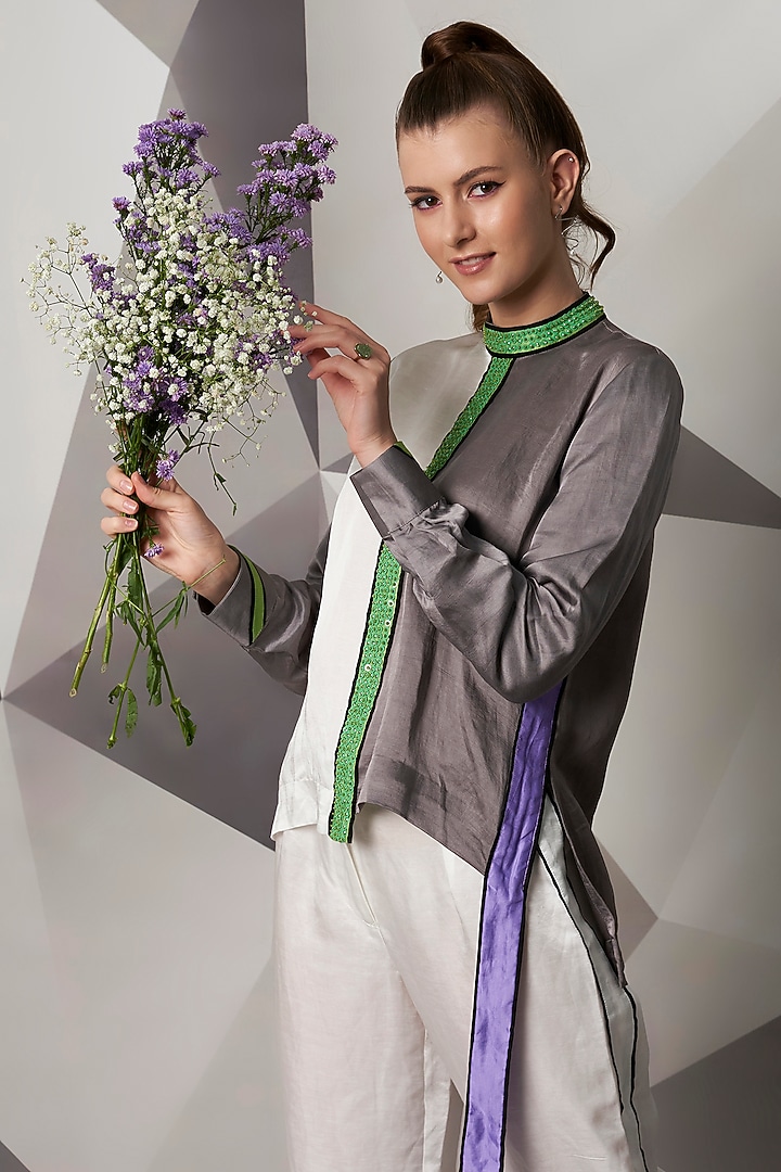 Grey & White Satin Linen Co-Ord Set by Wendell Rodricks at Pernia's Pop Up Shop