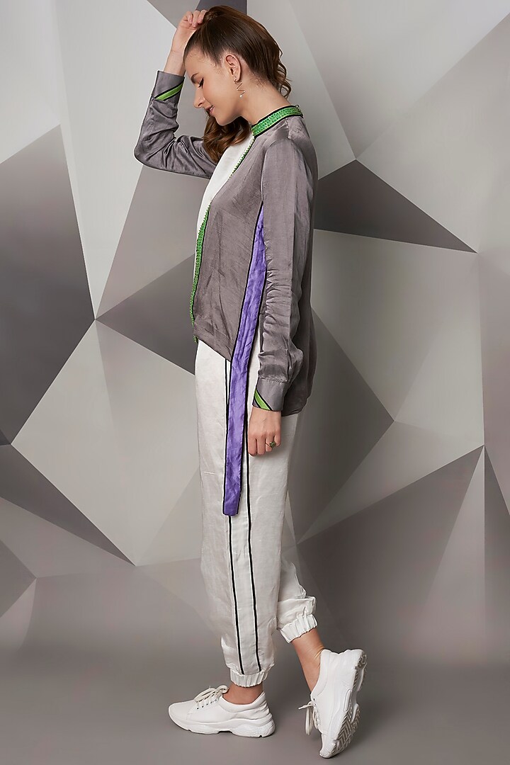 Grey & White Satin Linen Co-Ord Set by Wendell Rodricks at Pernia's Pop Up Shop