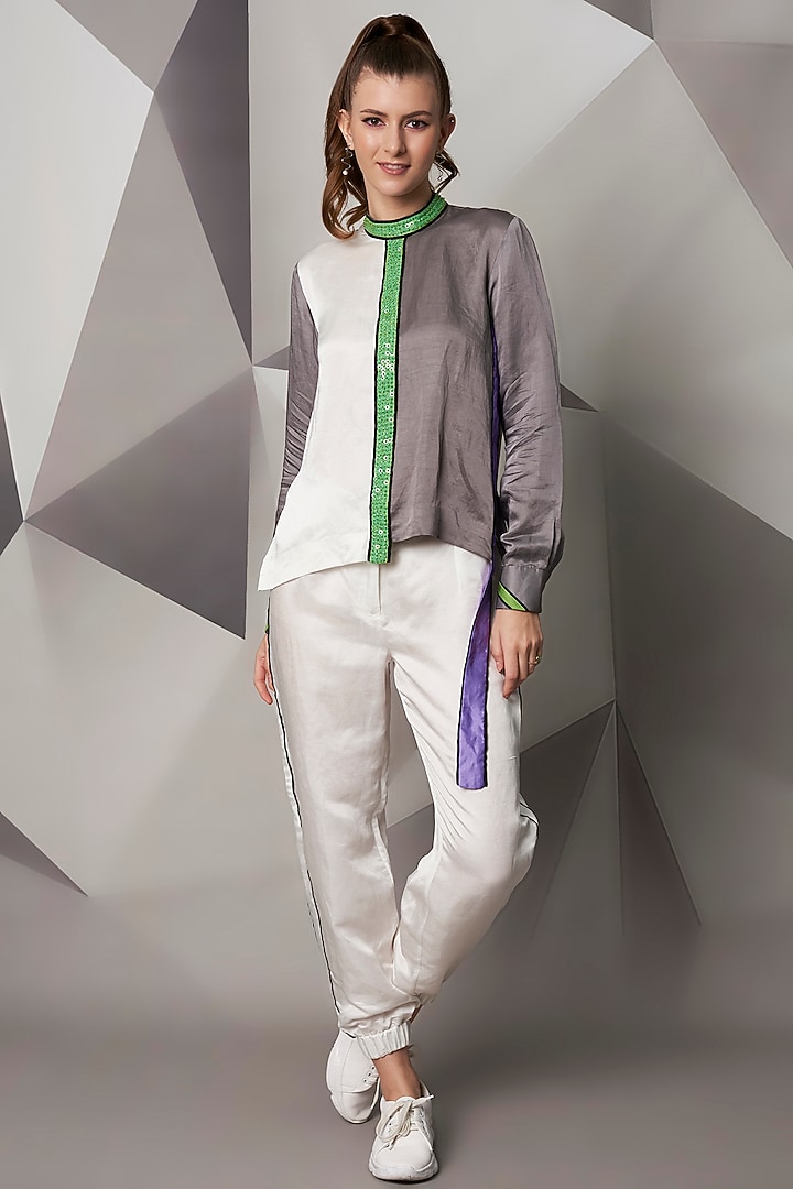 Grey & White Satin Linen Top by Wendell Rodricks at Pernia's Pop Up Shop