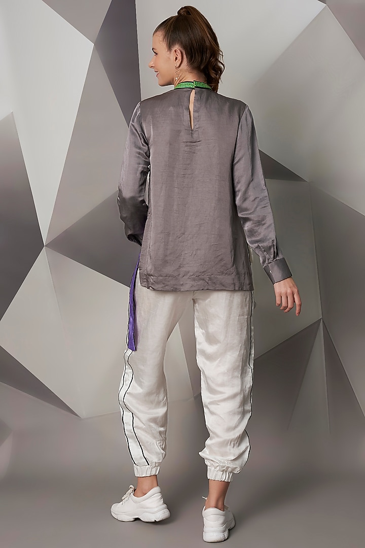 Grey & White Satin Linen Top by Wendell Rodricks at Pernia's Pop Up Shop