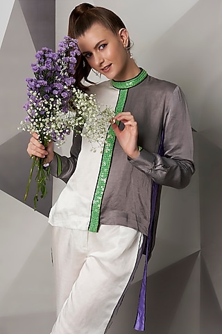 Grey & White Satin Linen Top by Wendell Rodricks