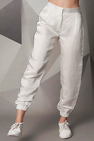 White Satin Linen Jogger Pants by Wendell Rodricks