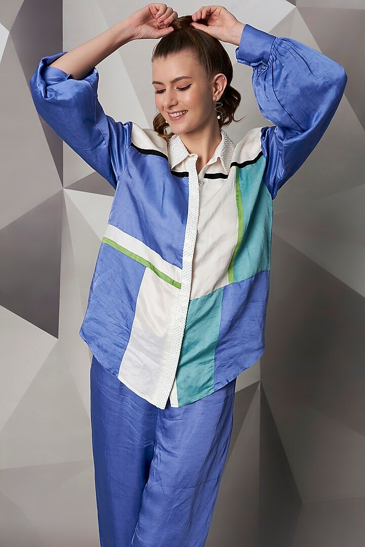 Bluish Purple Colour Blocked Co-Ord Set by Wendell Rodricks at Pernia's Pop Up Shop