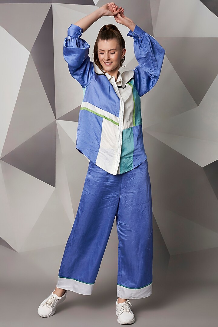Bluish Purple Satin Linen Pants by Wendell Rodricks at Pernia's Pop Up Shop