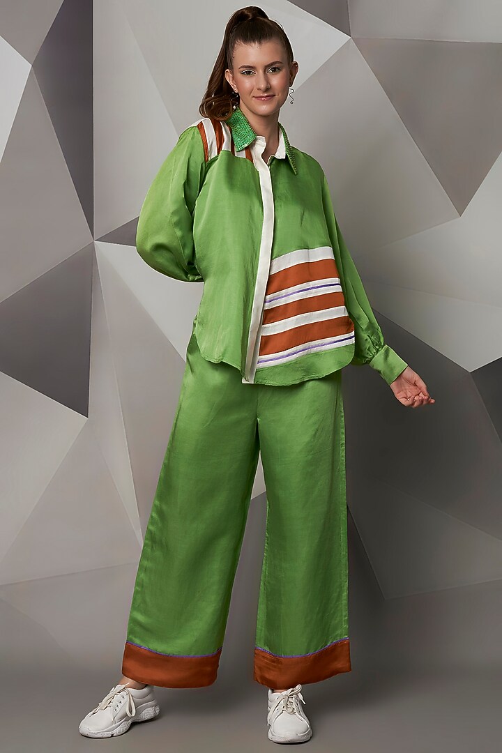 Green Satin Linen Co-Ord Set by Wendell Rodricks at Pernia's Pop Up Shop