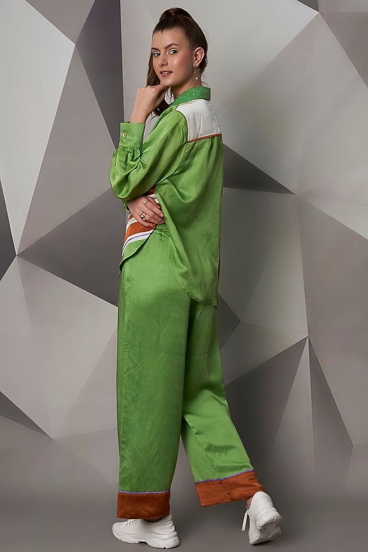 Green Satin Linen Co-Ord Set by Wendell Rodricks at Pernia's Pop Up Shop