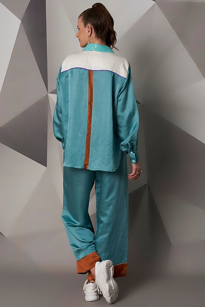 Turquoise Satin Linen Co-Ord Set by Wendell Rodricks at Pernia's Pop Up Shop