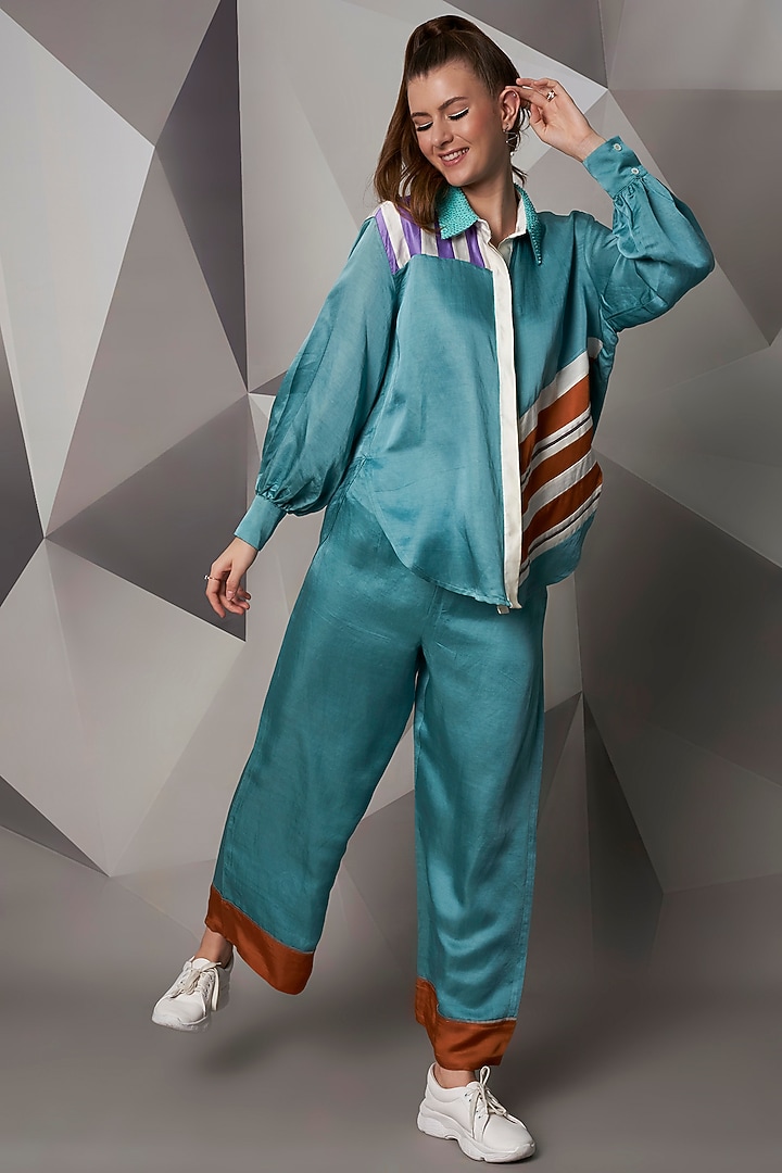 Turquoise Patchwork Shirt by Wendell Rodricks at Pernia's Pop Up Shop