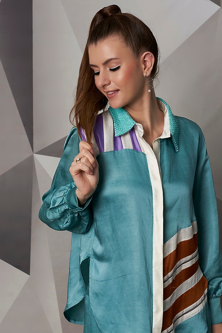Turquoise Patchwork Shirt by Wendell Rodricks at Pernia's Pop Up Shop