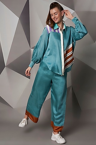 Turquoise Pants With Rust Patch Work by Wendell Rodricks