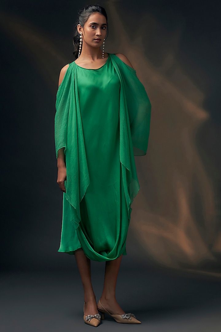 Green Bamberg Satin & Chiffon Cowl Dress by Wendell Rodricks at Pernia's Pop Up Shop