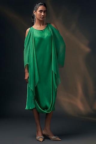 Green Bamberg Satin & Chiffon Cowl Dress by Wendell Rodricks