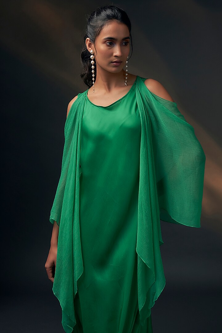 Green Bamberg Satin & Chiffon Cowl Vacation Dress by Wendell Rodricks at Pernia's Pop Up Shop