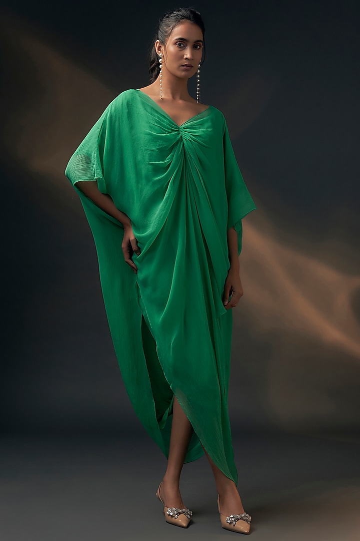 Green Bamberg Satin & Chiffon Jumpsuit With Inner by Wendell Rodricks at Pernia's Pop Up Shop