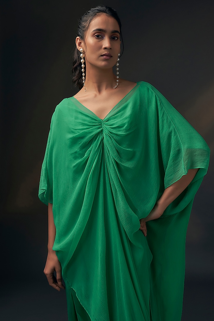 Green Bamberg Satin & Chiffon Jumpsuit With Inner by Wendell Rodricks at Pernia's Pop Up Shop